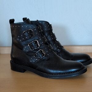 Black Studded Leather Ankle Boots with Buckles